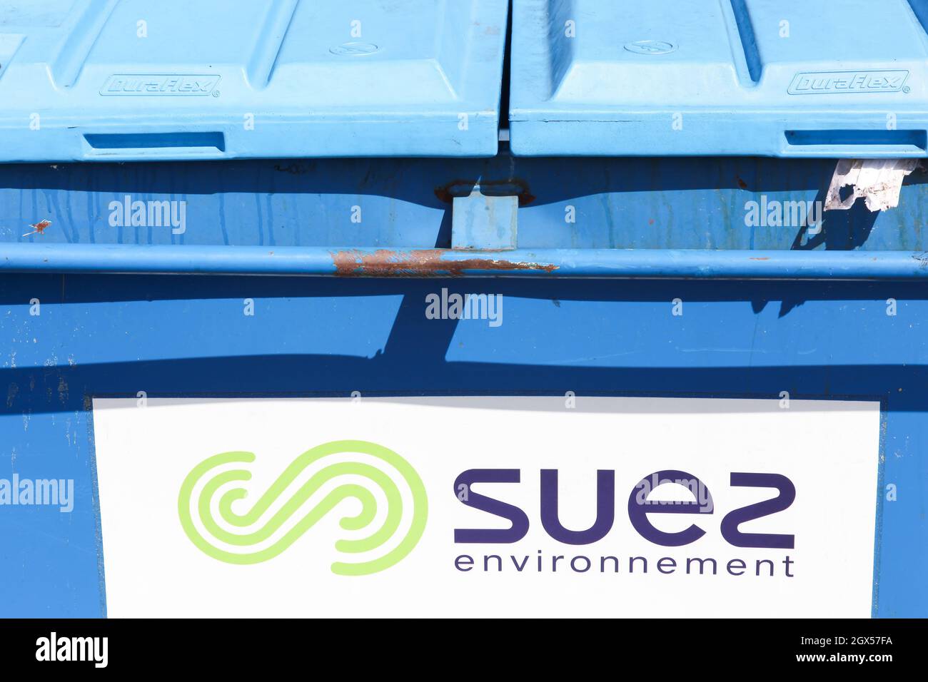 Macon, France March 15, 2020 Suez environnement logo on a dumpster