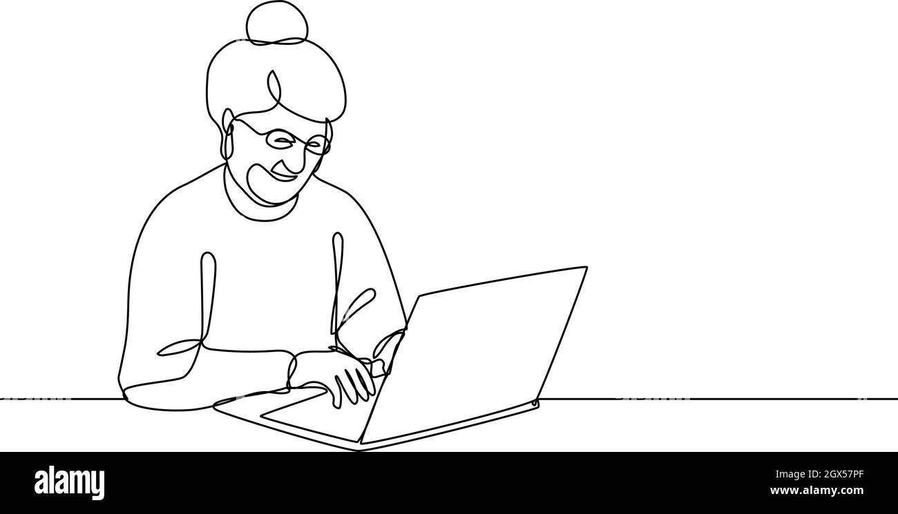 Smiling elderly woman working on laptop Stock Vector