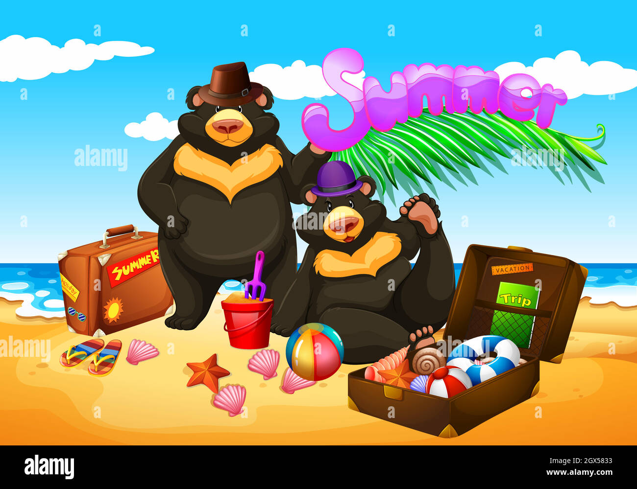 Two bears enjoy summer on the beach Stock Vector