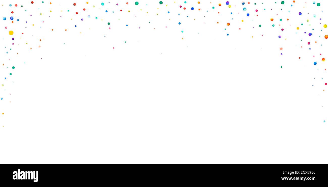 Watercolor confetti on white background. Alluring rainbow colored dots. Happy celebration wide colorful bright card. Artistic hand painted confetti. Stock Photo