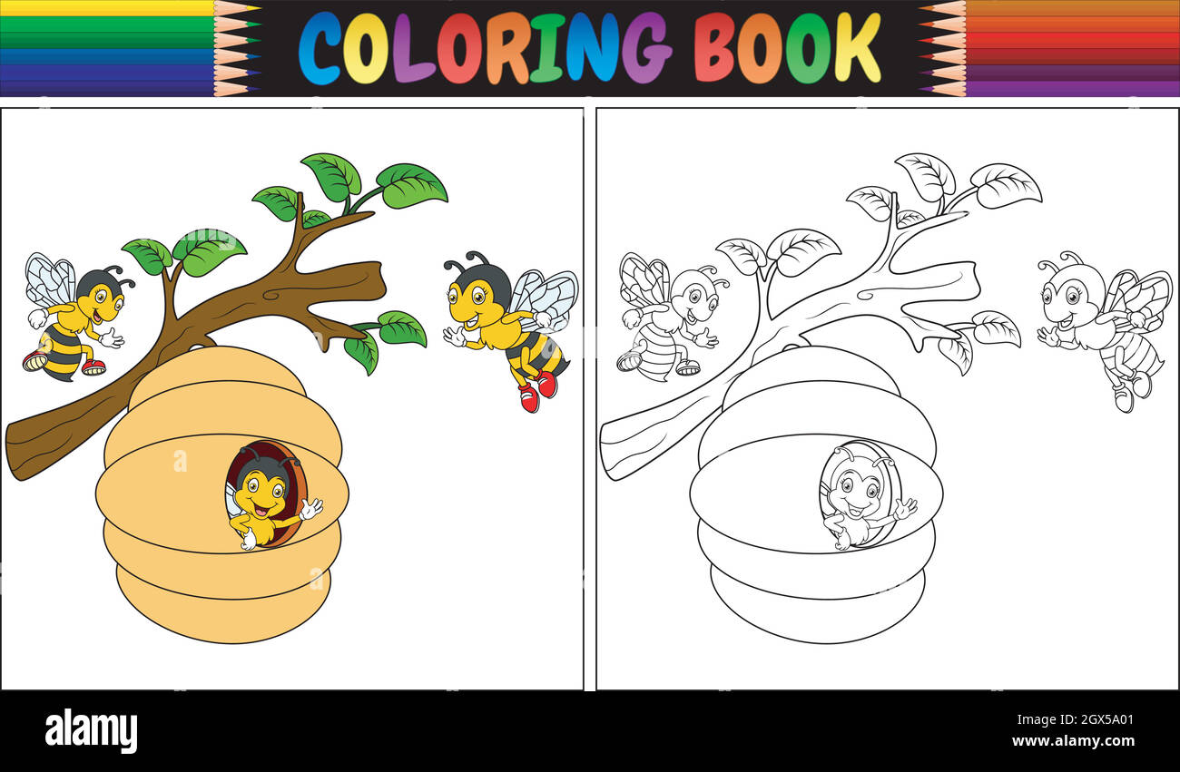 Coloring book cartoon bees illustration Stock Vector
