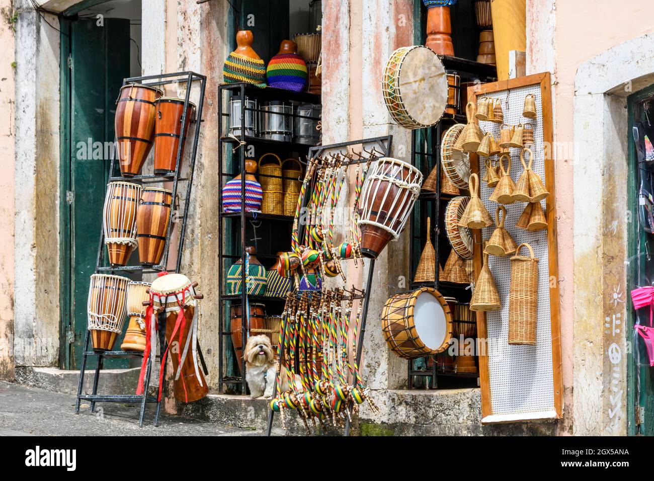 Commerce of typical products and musical instruments of various types on the streets of Pelourinho in the city of Salvador, Bahia Stock Photo