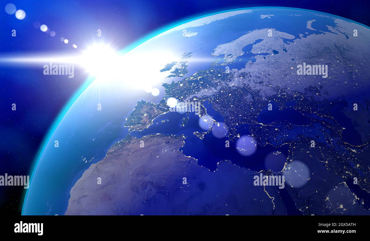 Earth, Europe and North Africa side - sun glare and city lights in Spain, Germany, France, United Kingdom, Poland, Russia, Italy, Israel. Elements of Stock Photo