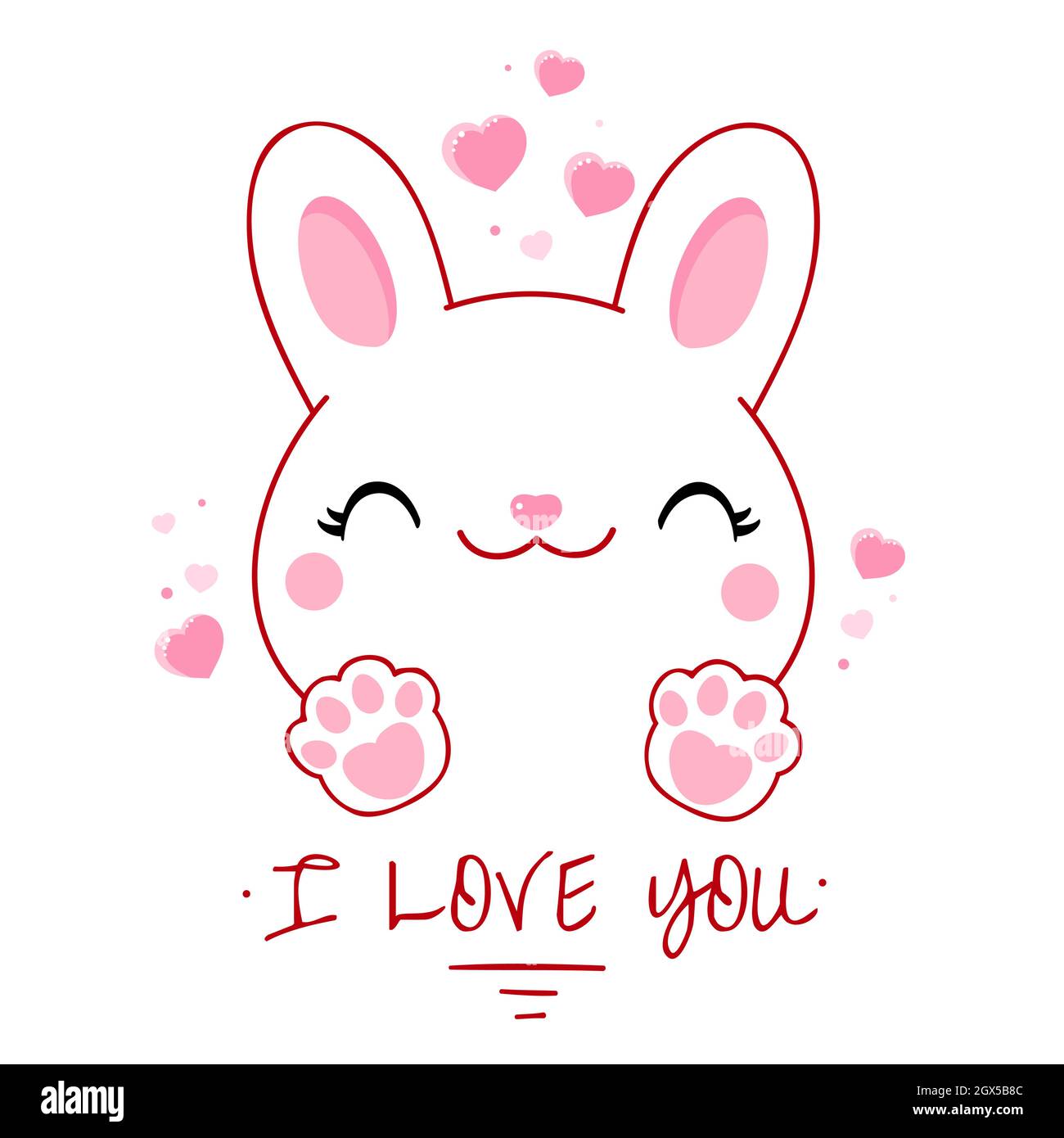 Cute Valentine card in kawaii style. Lovely bunny with pink hearts. Inscription I love you. Can be used for t-shirt print, stickers, greeting card des Stock Vector
