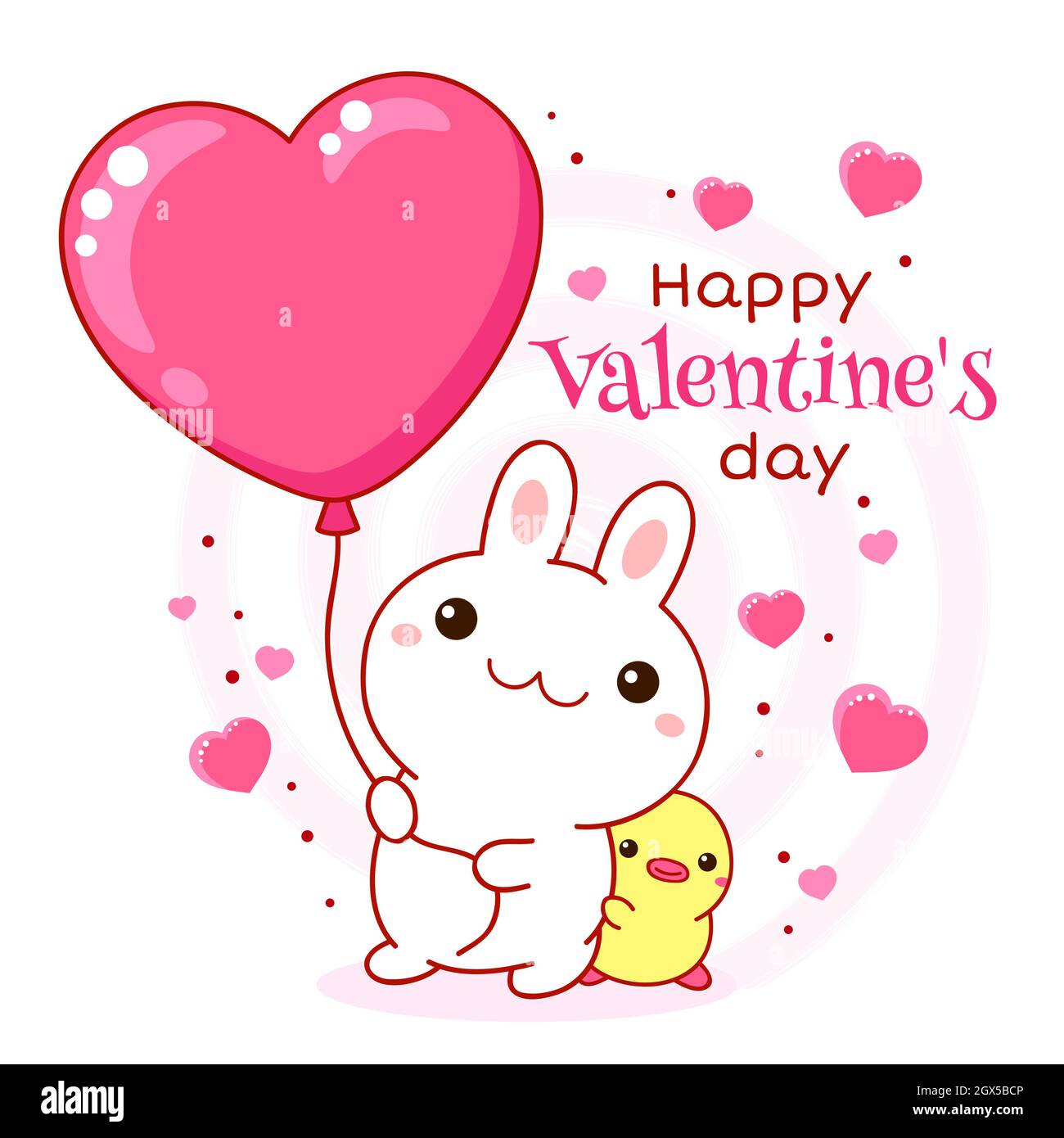 Valentine's day card with kawaii bunny and duckling. Cute little duck and rabbit friends with heart shaped balloon. Inscription Happy Valentines day Stock Vector Image & Art - Alamy