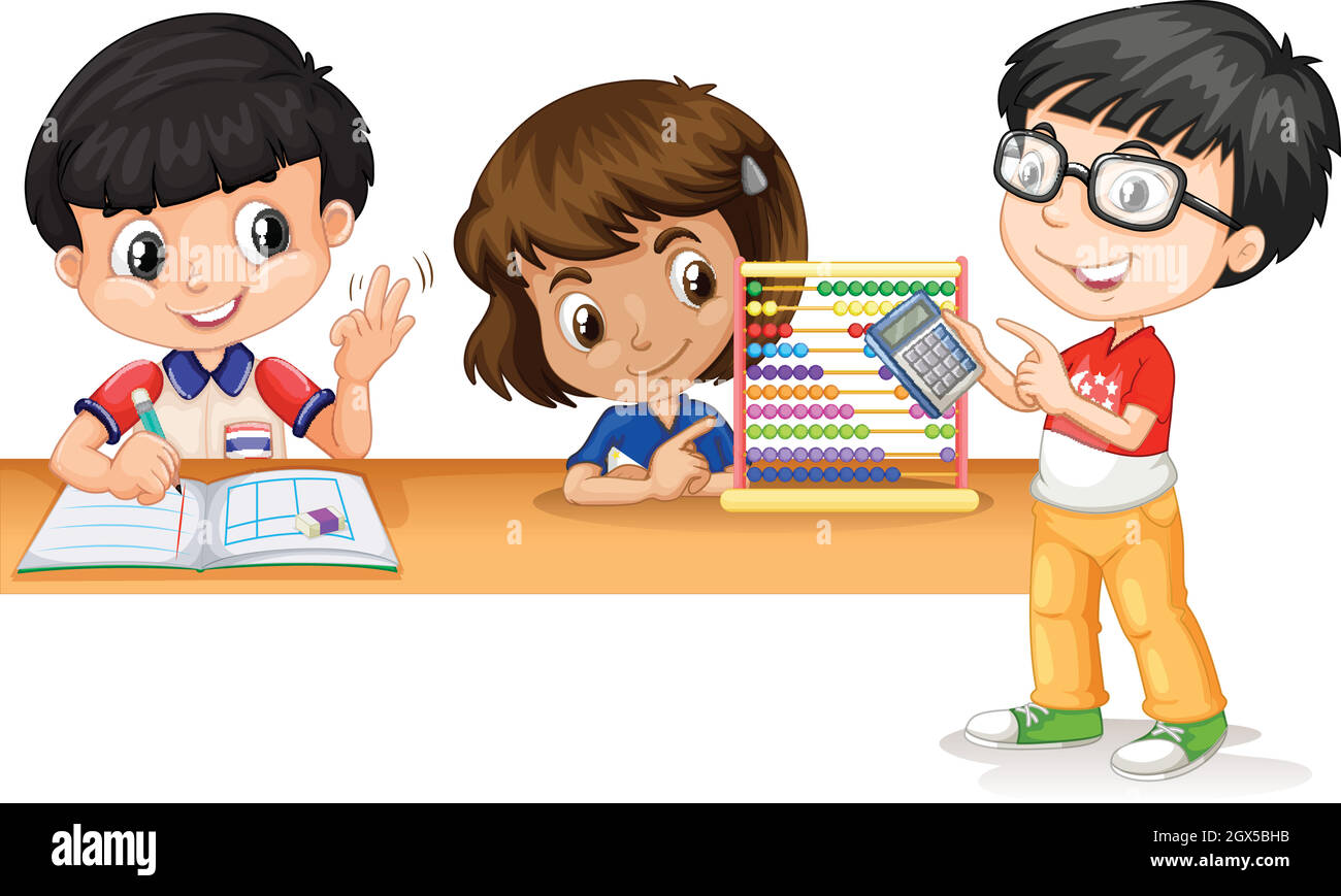 Three kids using gadgets to calculate math Stock Vector