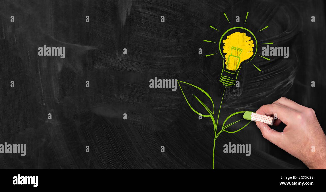green energy concept, person drawing green plant with light bulb on blackboard Stock Photo