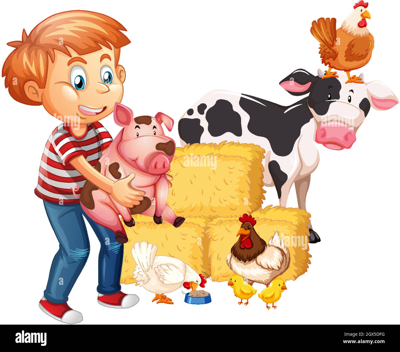 Boy with farm animals isolated on white background Stock Vector