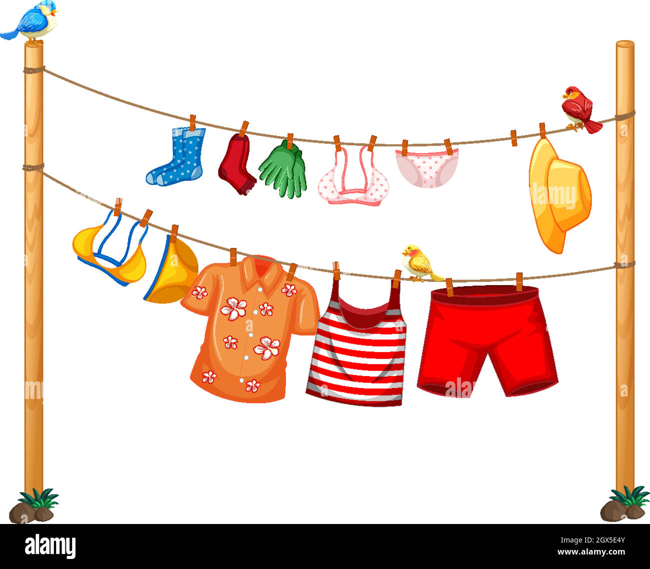 Isolated clothes hanging on clothesline on white background Stock Vector
