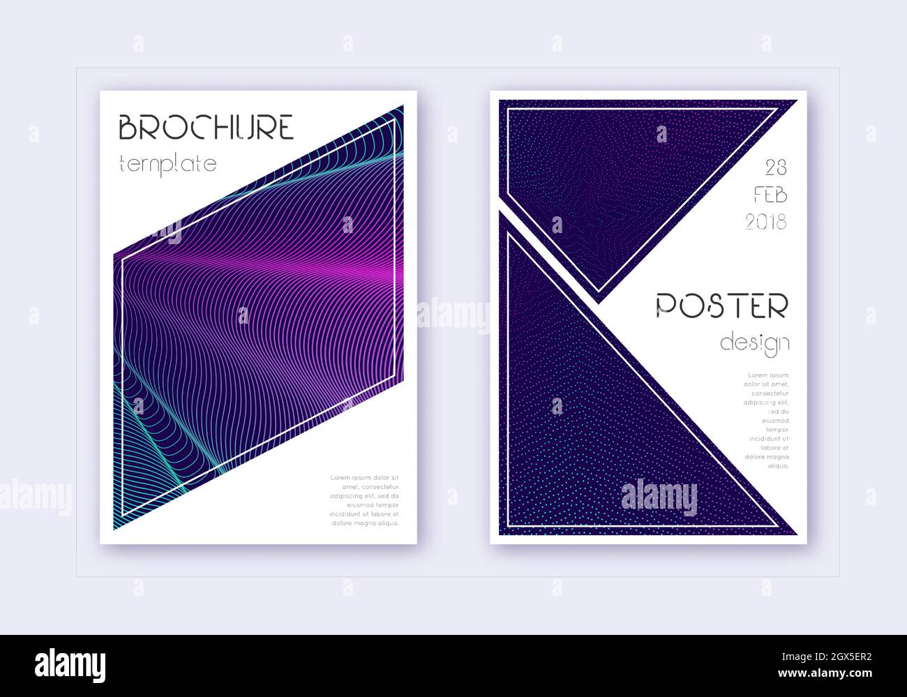 Triangle cover design template set. Neon abstract lines on dark blue background. Ideal cover design. Imaginative catalog, poster, book template etc. Stock Vector