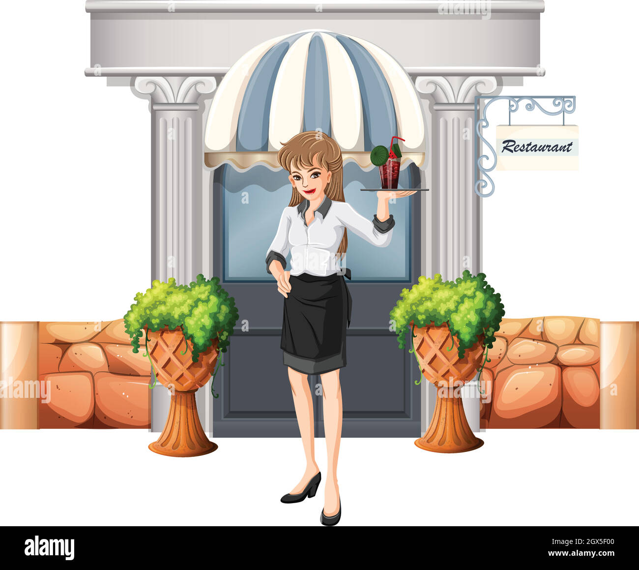 A waitress holding a tray in front of the restaurant Stock Vector