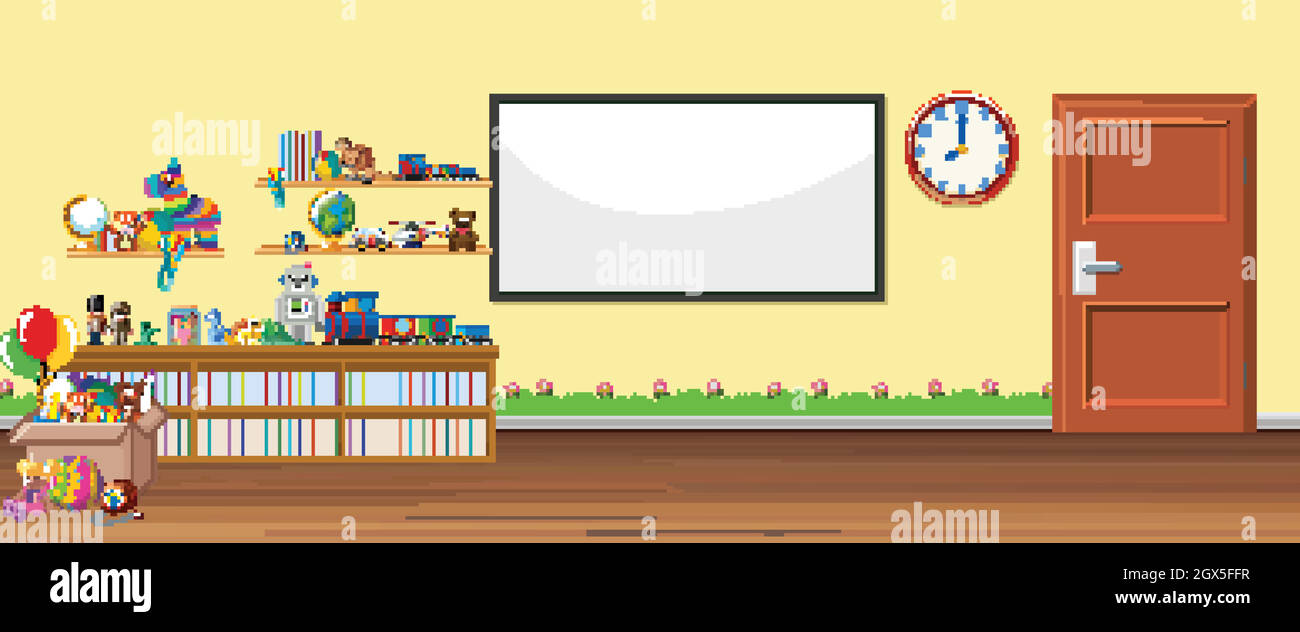 Background scene with whiteboard and toys Stock Vector
