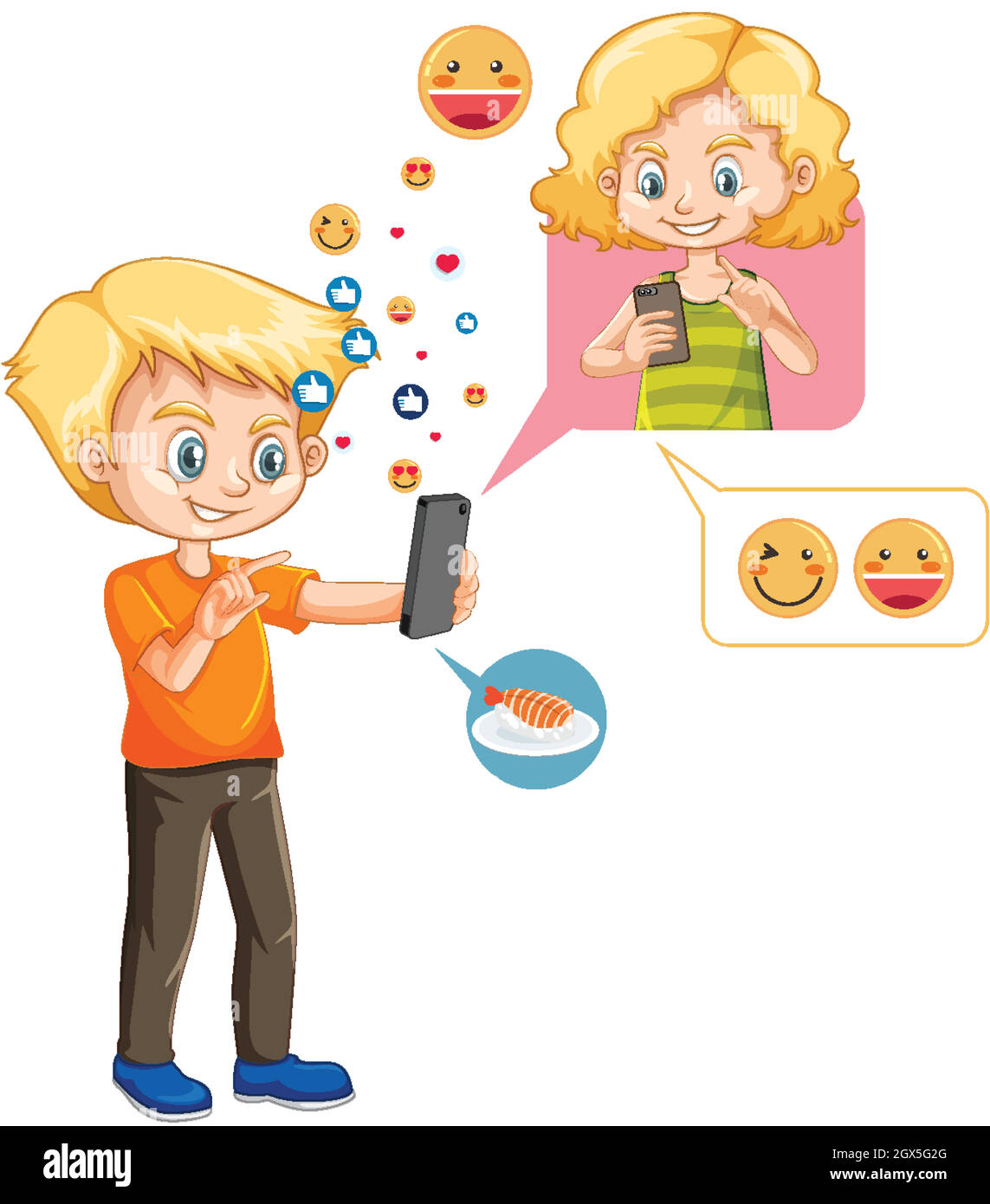 Boy chatting with friend on smartphone with emoji icon cartoon style isolated on white background Stock Vector