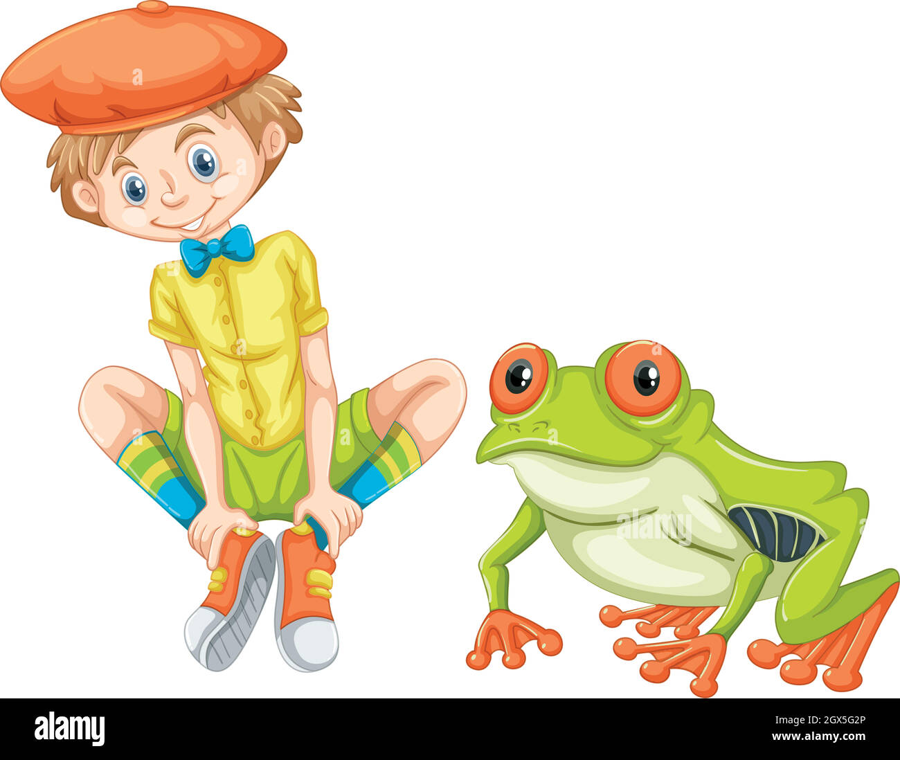 Green frog and little boy Stock Vector