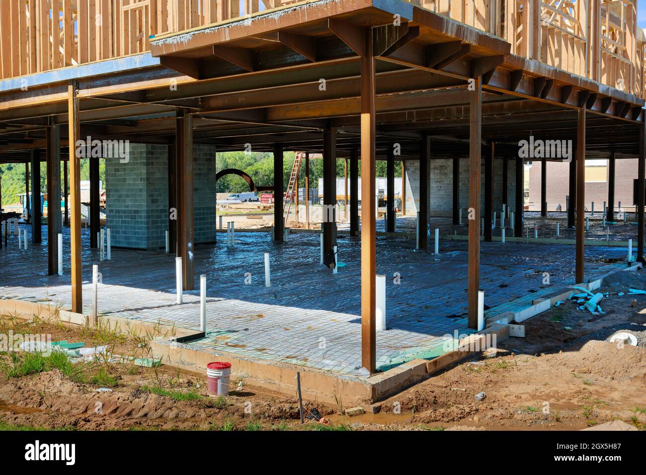 PVC drain pipes in a new house in foundation slab preparation for