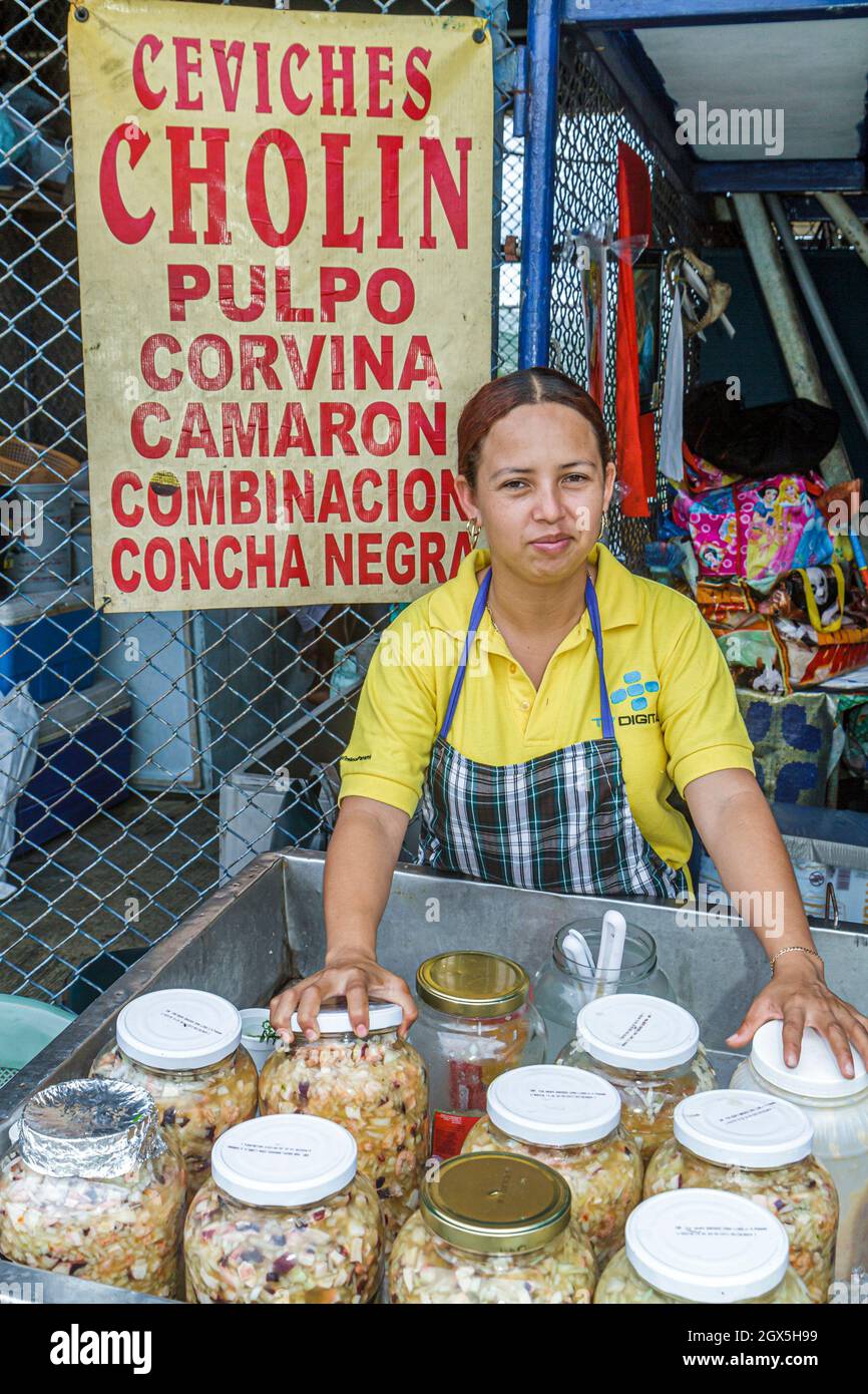 Panama City,Ancon,Mercado de Mariscos,market seafood vendor stall booth,selling Hispanic woman female ceviche food stall display sale,small business Stock Photo