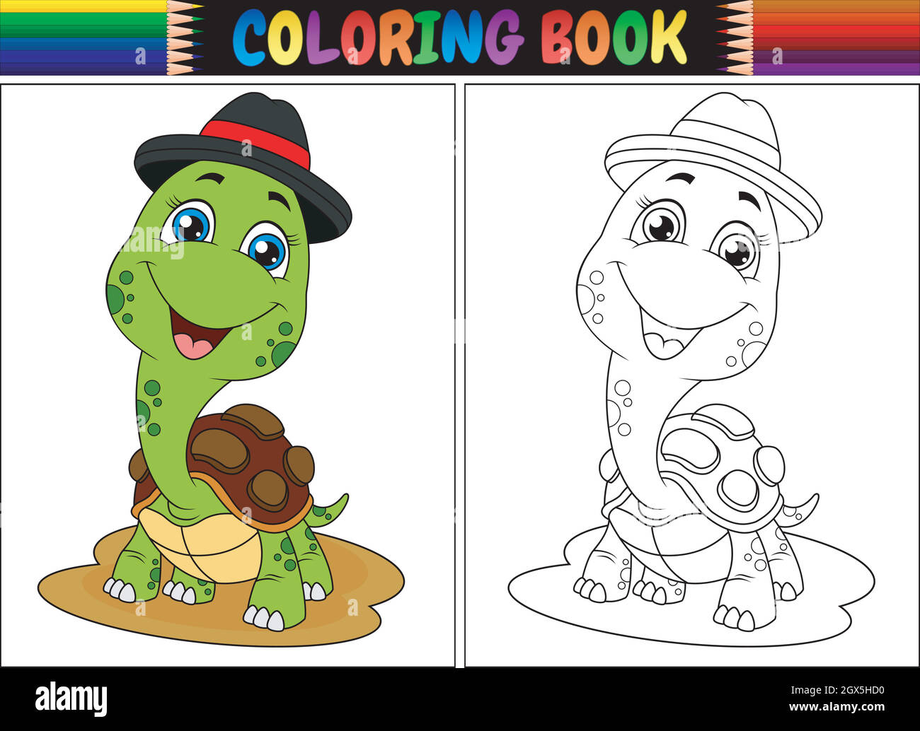 Coloring book with cute turtle wearing cap Stock Vector