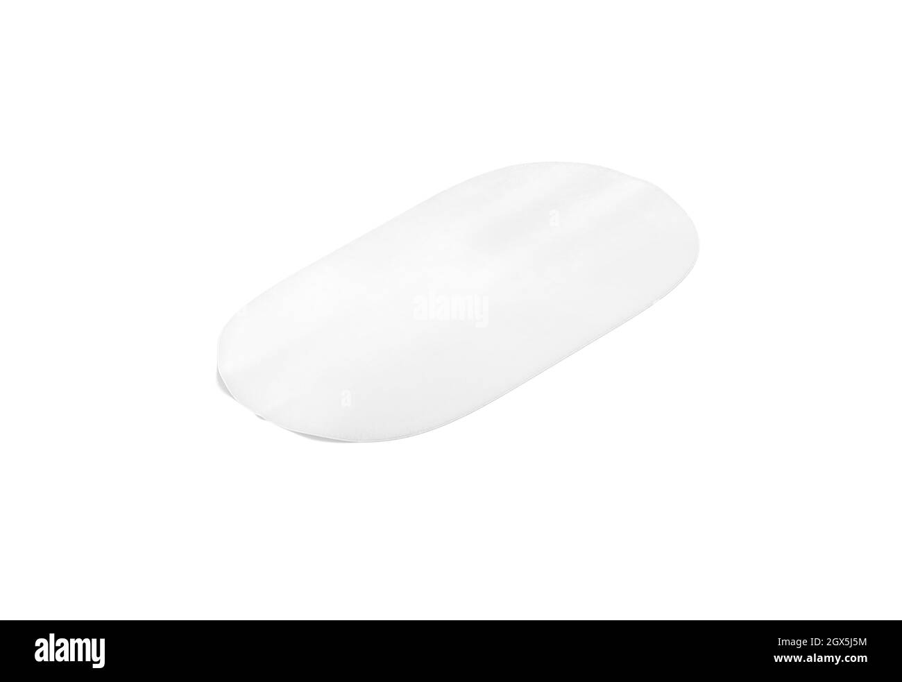 Blank white oval interior carpet mock up, side view, 3d rendering. Empty decorative flooring ground pad mockup, isolated. Clear textile or furry doorm Stock Photo