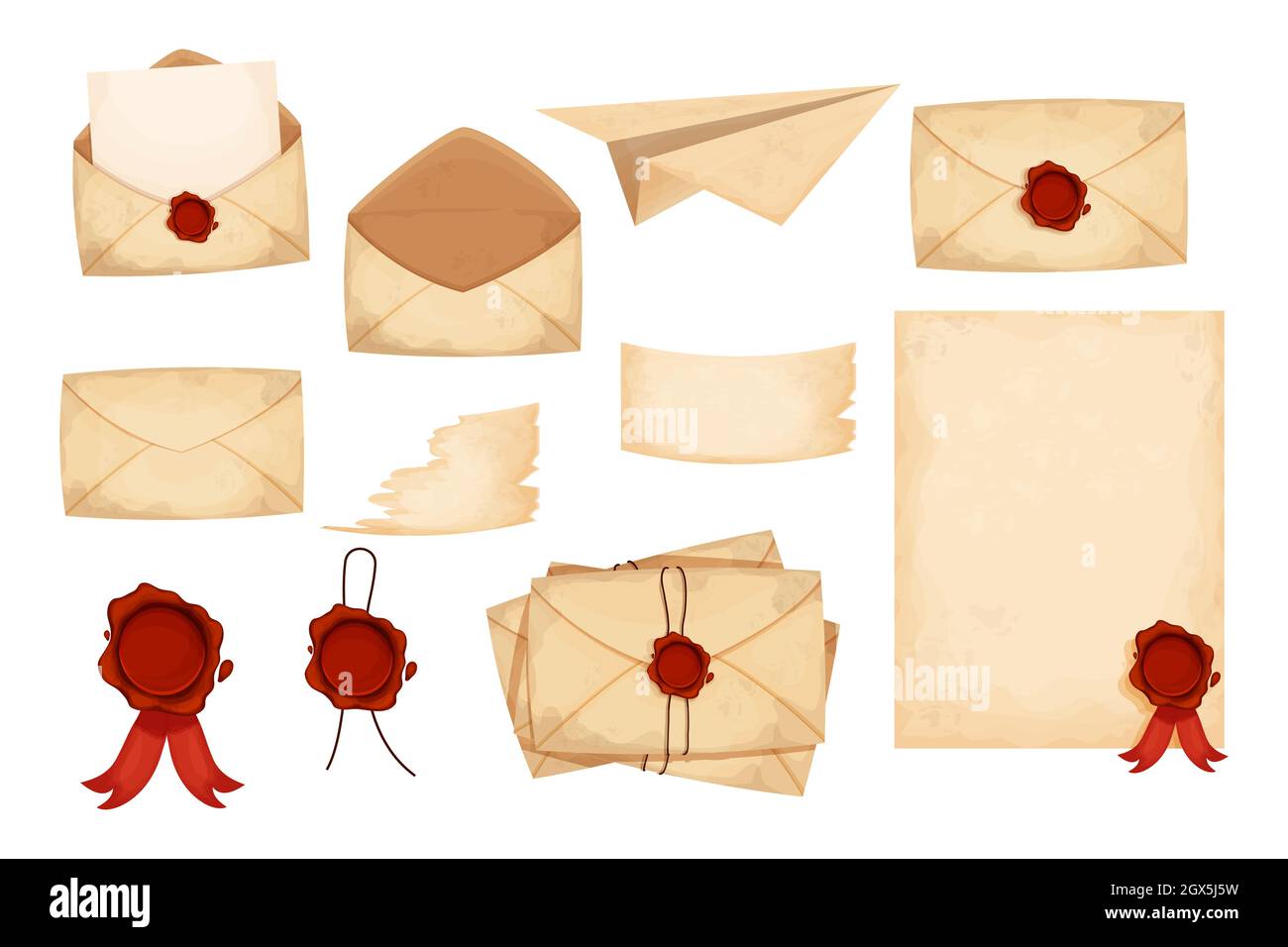 Set vintage envelope, letters, paper with red wax seal in cartoon style isolated on white background. Old grunge paper,textured. Antique mail, Stock Vector