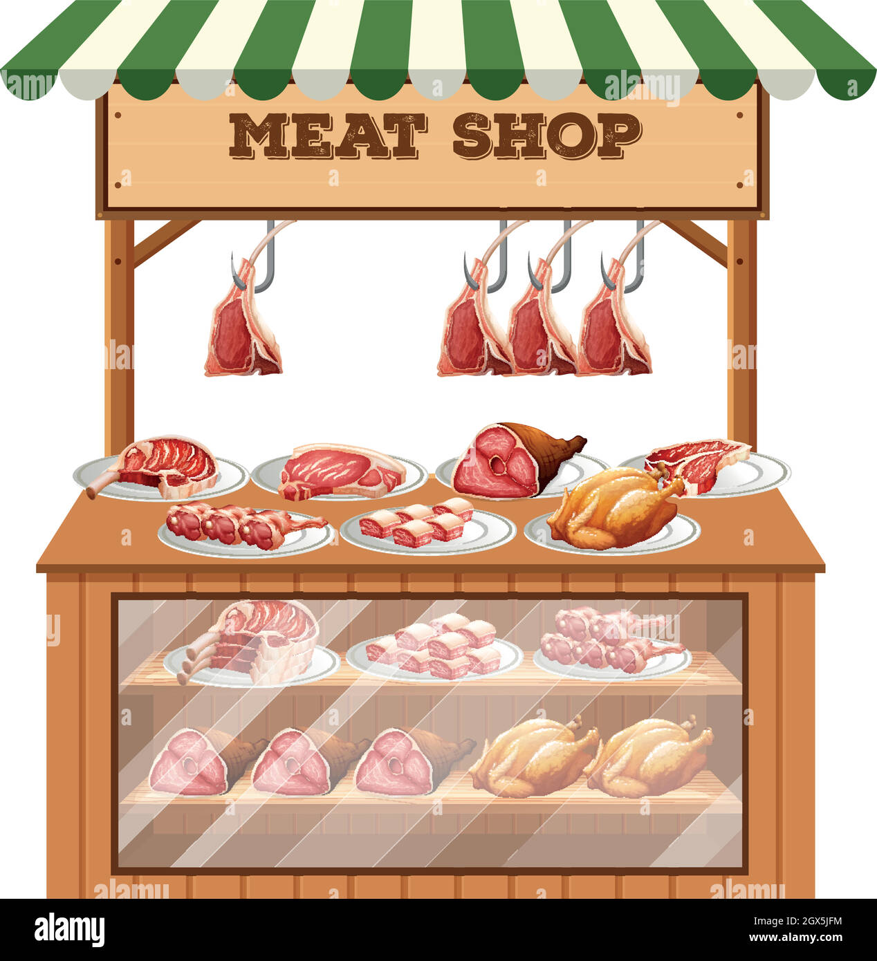 Food Clipart-butcher holding knife with meats hanging in background clipart