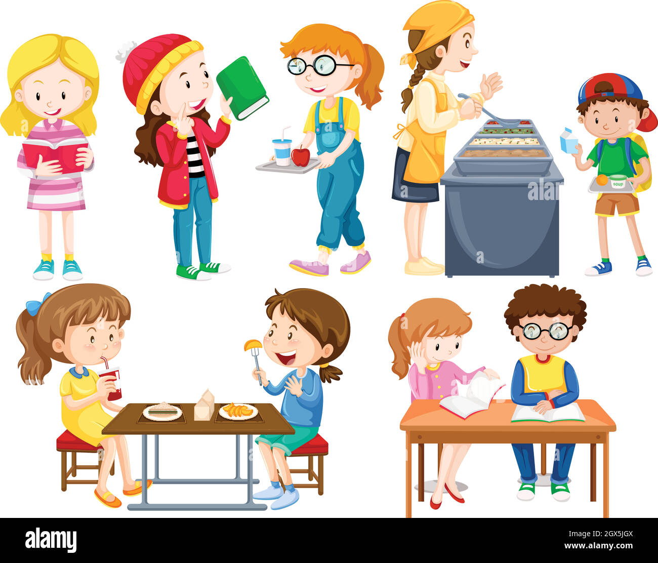 Kids buffet concept. School canteen, chefs giving food for children. S By  Microvector