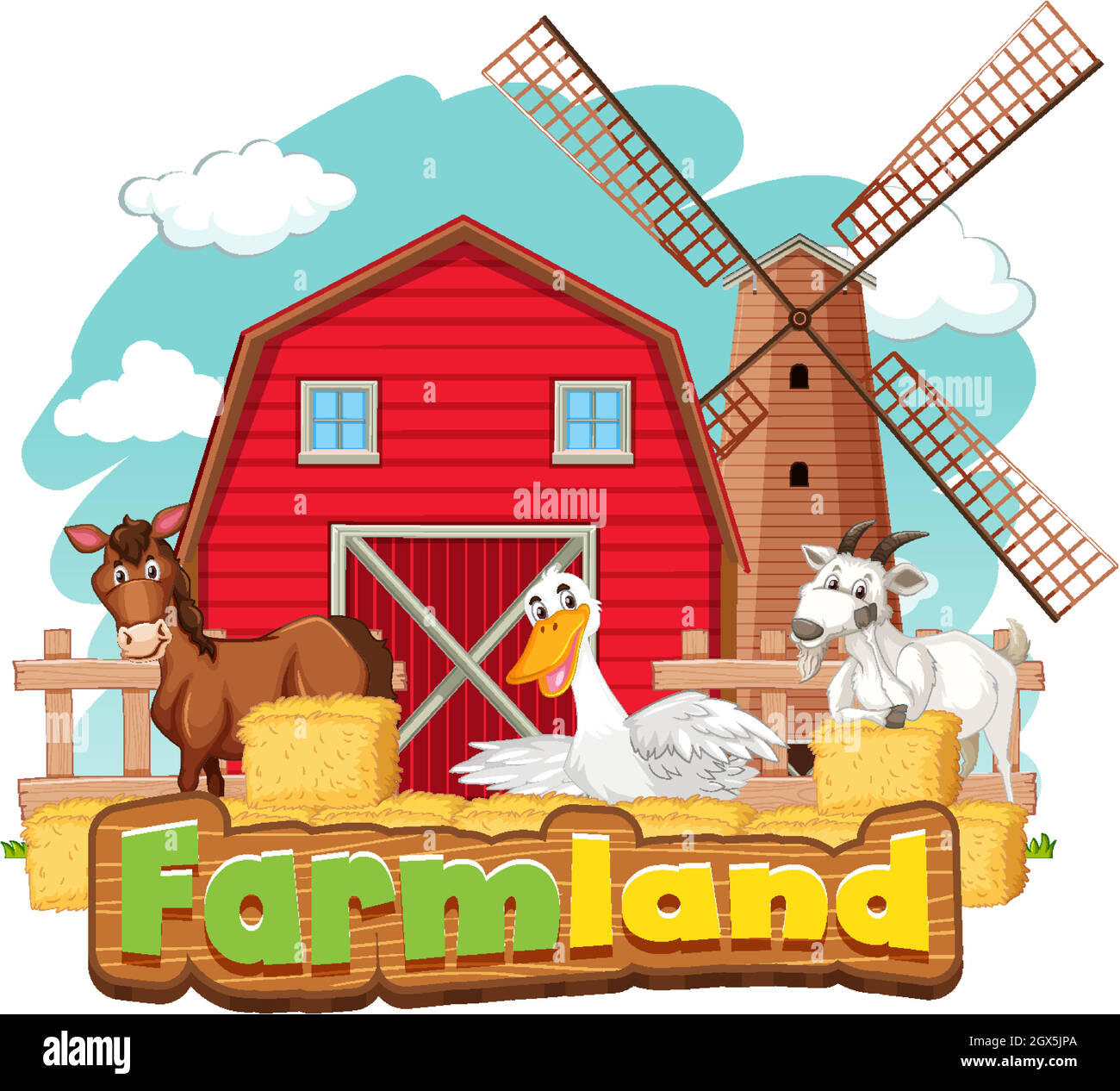 Farmland sign with many animals and red barn Stock Vector