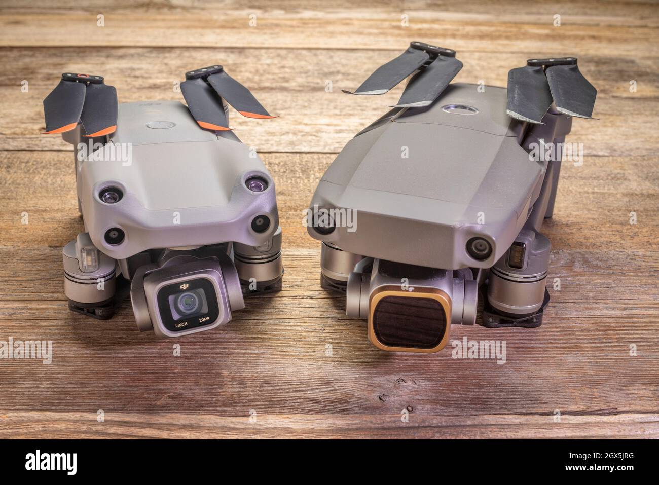 Fort Collins CO USA July 4 2021 Side by side comparison of two DJI prosumer folding drones Mavic 2 pro and Mavic Air 2s Stock Photo Alamy