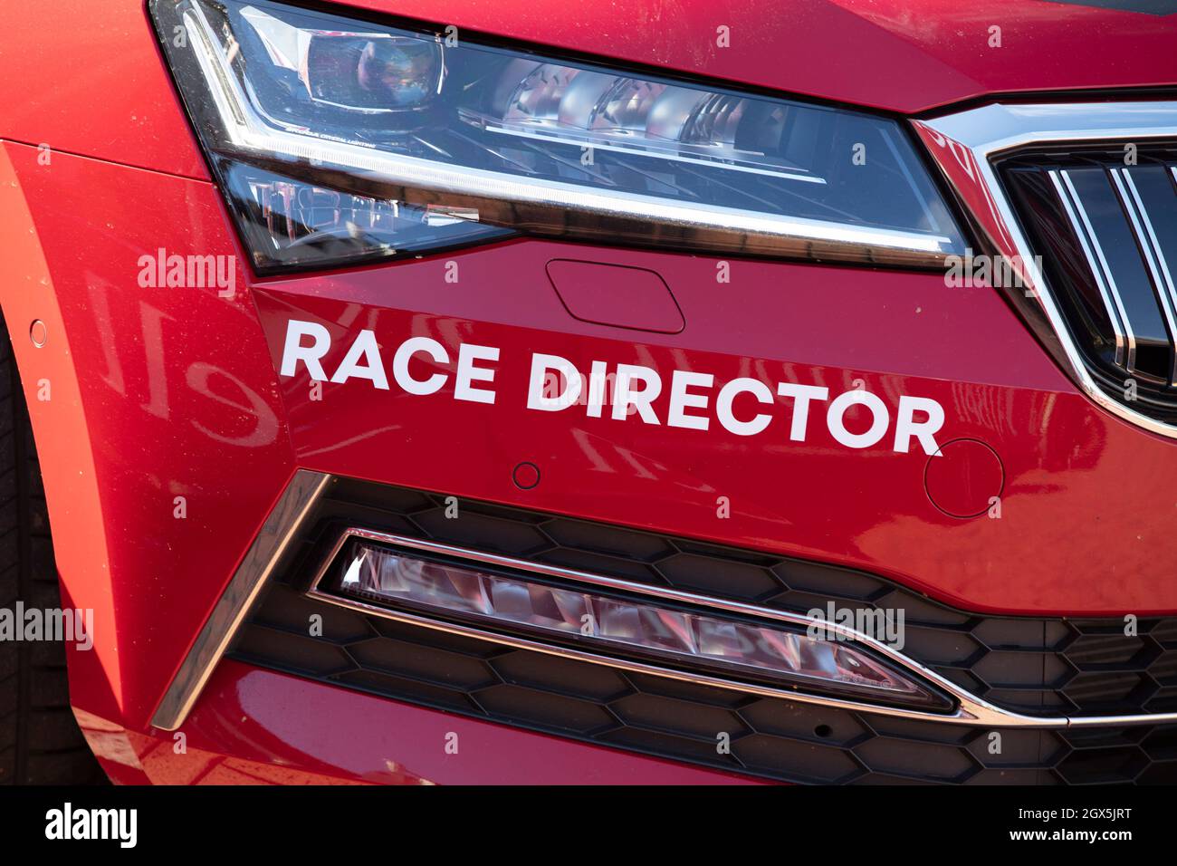 Race director sign on the front of an event car Stock Photo