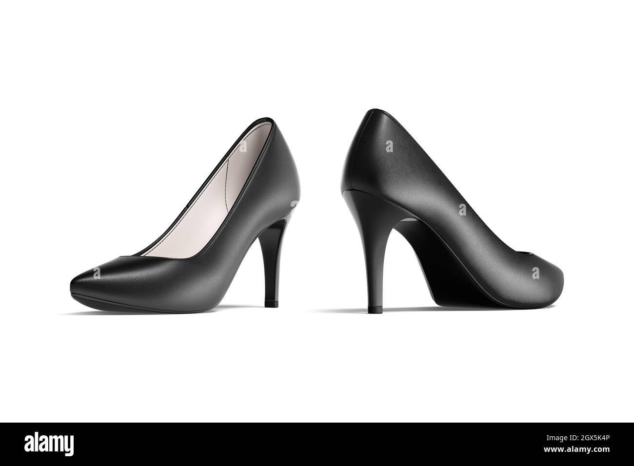 Blank black high heels shoes mockup, half-turned view, side back, 3d rendering. Empty women footgear for casual uniform mock up, isolated. Clear leath Stock Photo