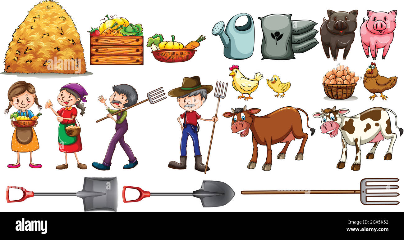 Farmers with their tools and animals Stock Vector