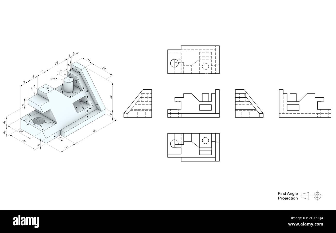 Technical drawing of a 3D model with a perspective and orthogonal views. First angle projection method. Educational exercise for learning. Stock Photo