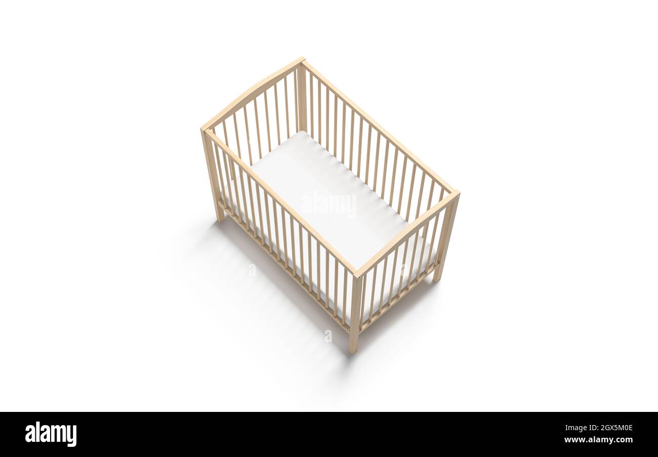 Blank wood cot with white crib sheet mockup, side view, 3d rendering. Empty wooden bassinet with sleeping pad for kid mock up, isolated. Clear protect Stock Photo