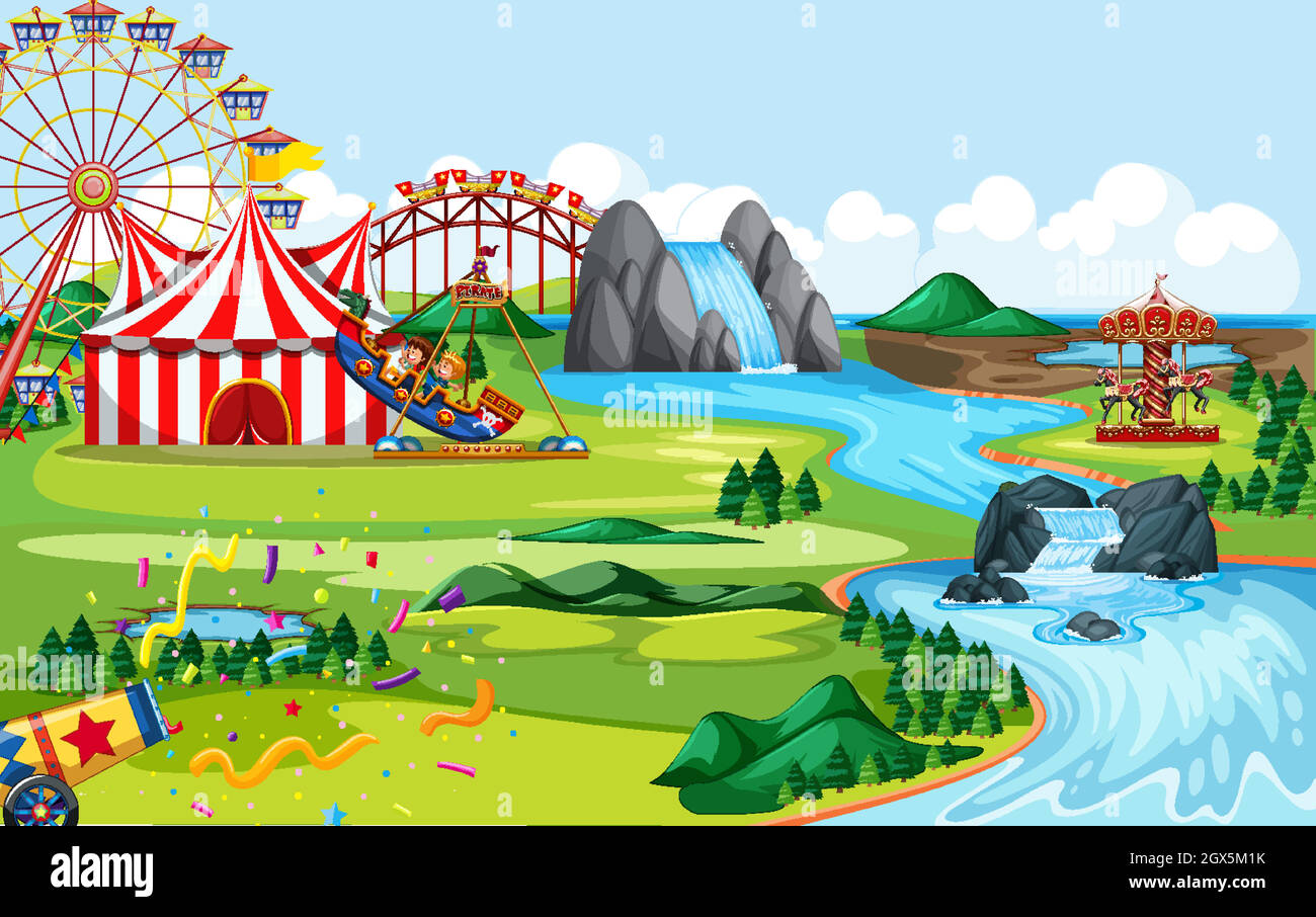 Amusement park with circus and many rides landscape scene Stock Vector ...