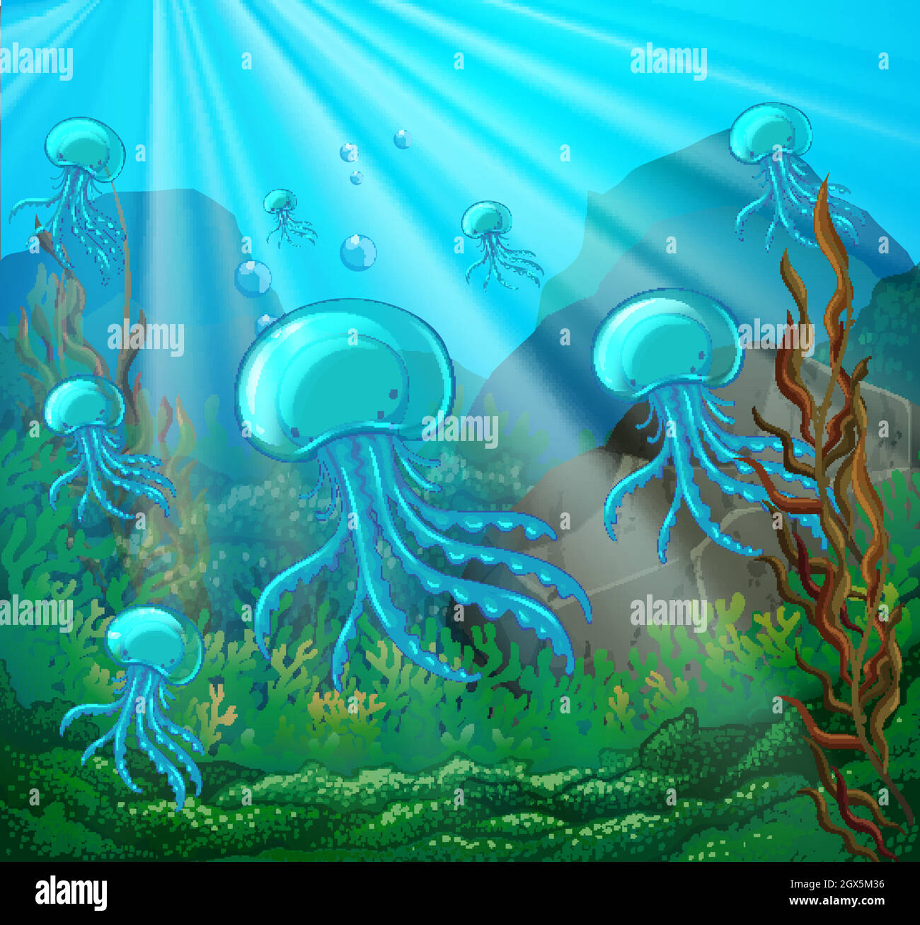 Scene with jellyfish swimming underwater Stock Vector Image & Art - Alamy