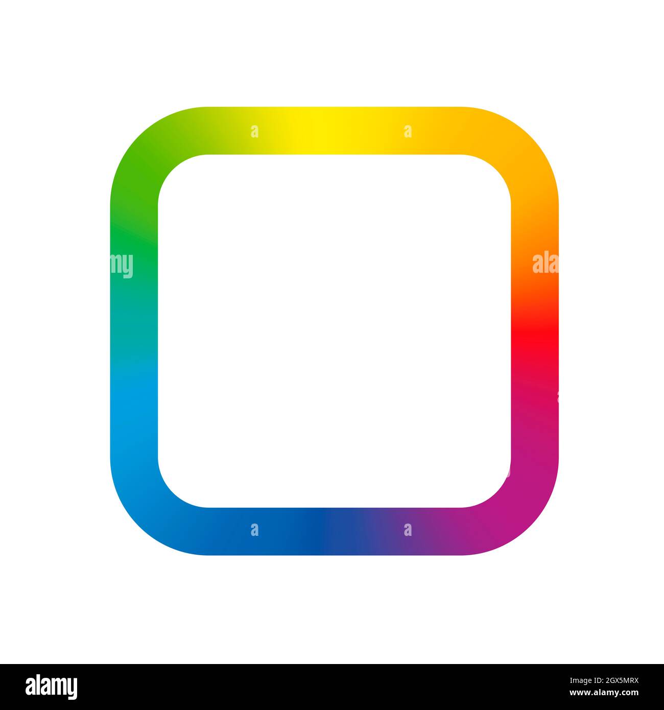 Rounded square, rainbow gradient colored squircle, colored app symbol, colorful frame with round corners - icon illustration on white background. Stock Photo