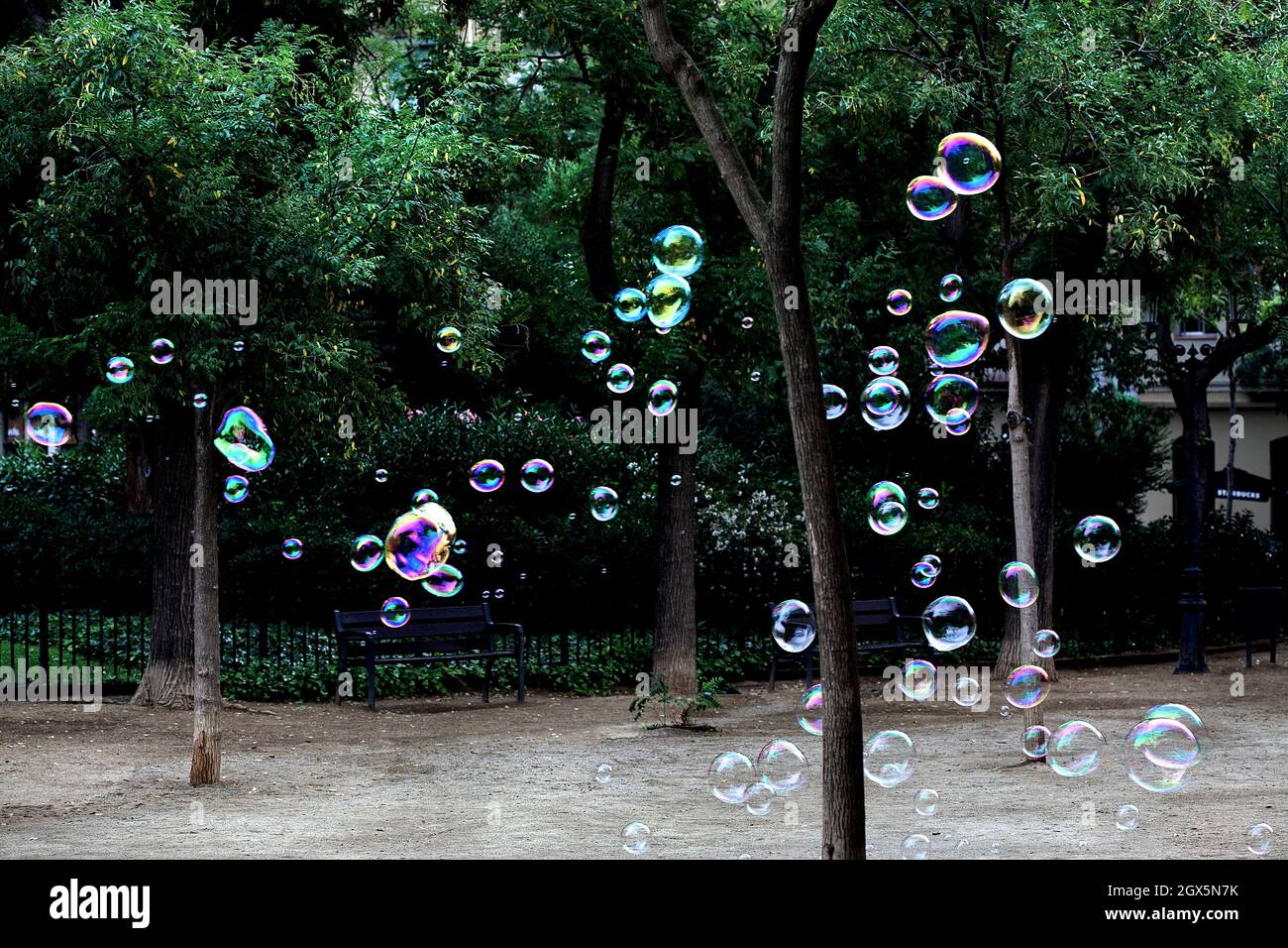 Floating soap bubbles, Sagrada Familia, Barcelona, Spain. Stock Photo