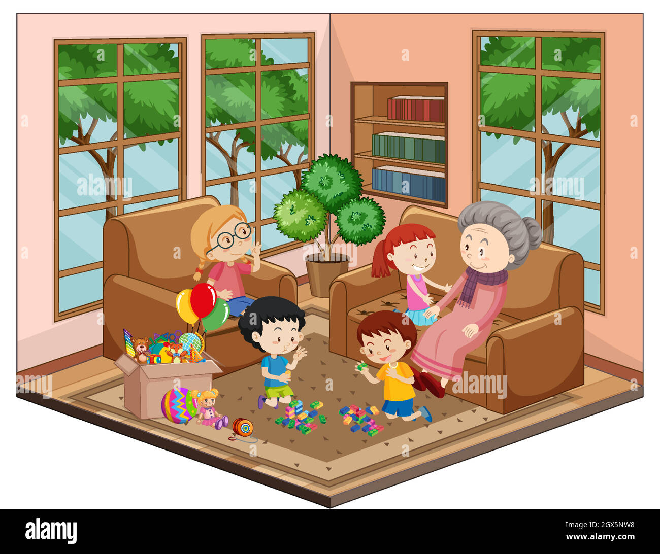 Granny with grandchildren in the living room with furnitures Stock Vector