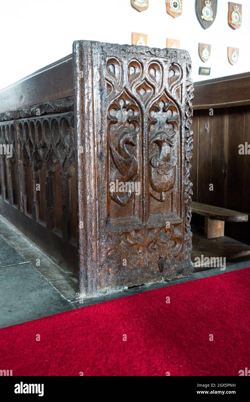 Bench Ends (c. 1540-1560) in St Eval church, North Cornwall Stock Photo