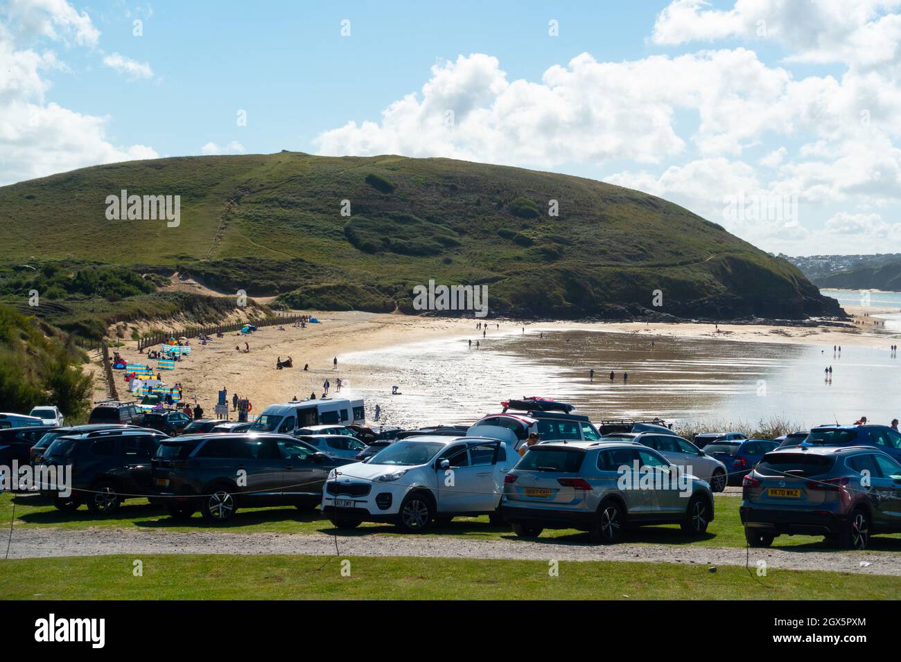 Daymer Bay beach and car park, North Cornwall, near Rock Stock Photo