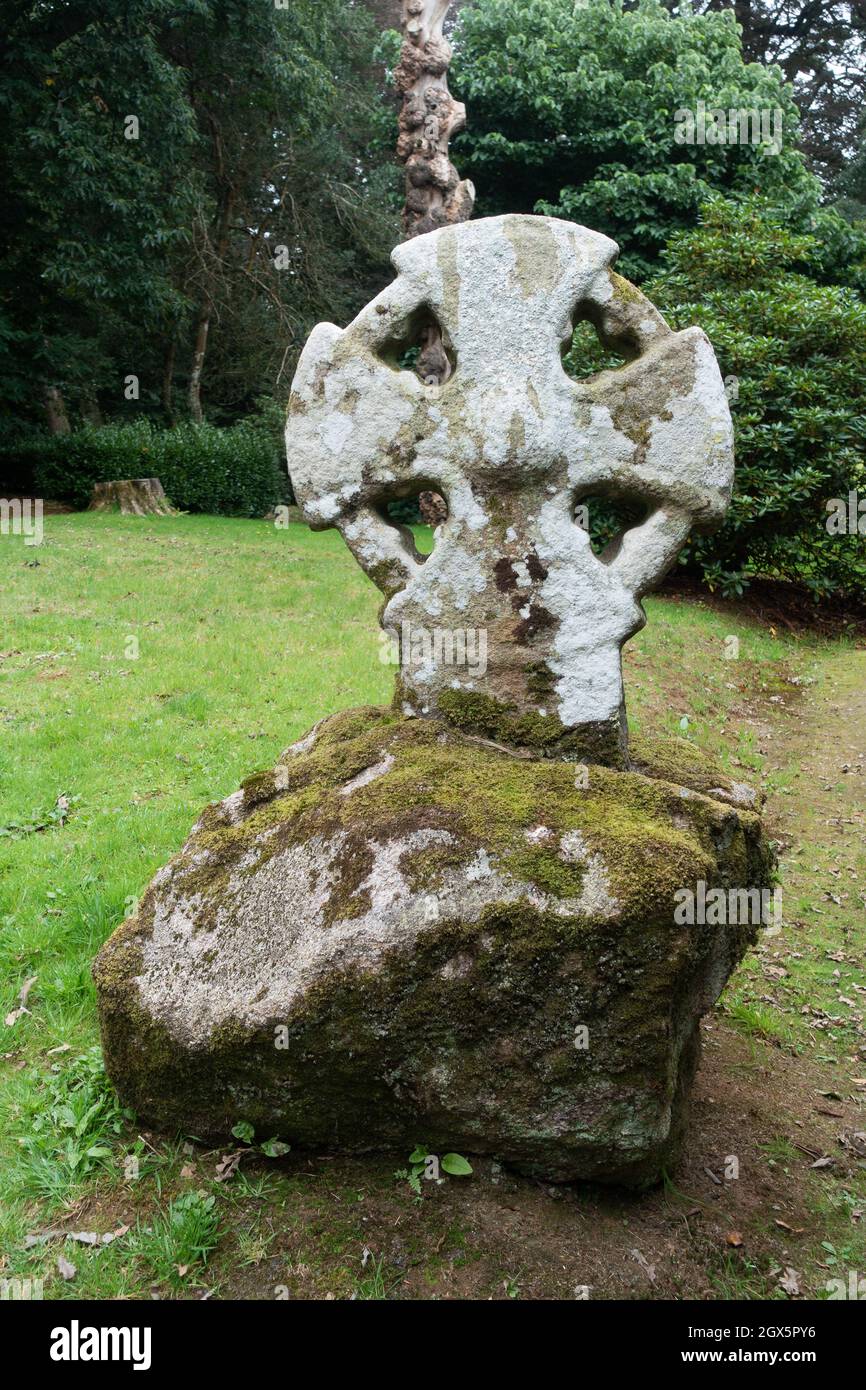 Wayside ancient Cornish cross at Pencarrow House, Cornwall Stock Photo