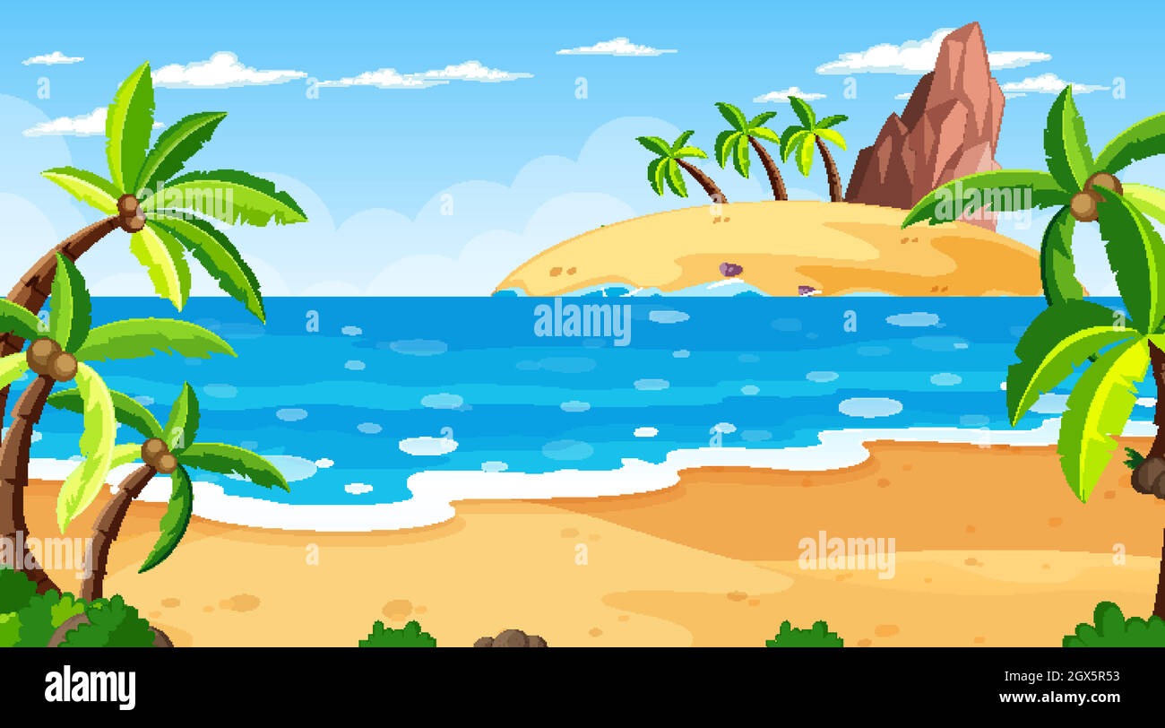 Tropical beach scene with many palm trees at day time Stock Vector ...