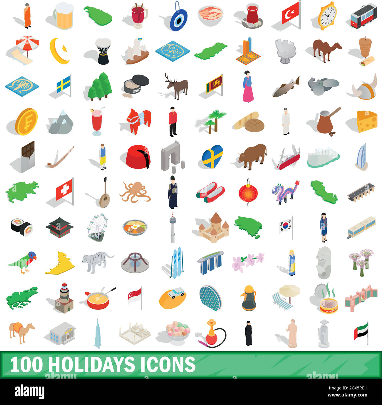 100 holidays icons set, isometric 3d style Stock Vector