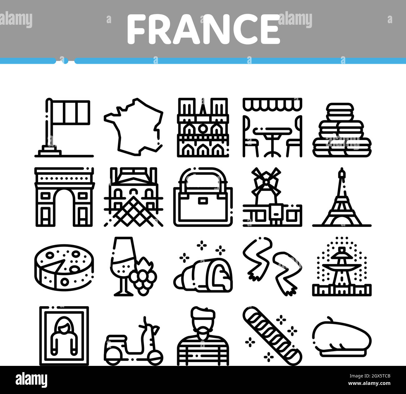 France Country Travel Collection Icons Set Vector Stock Vector