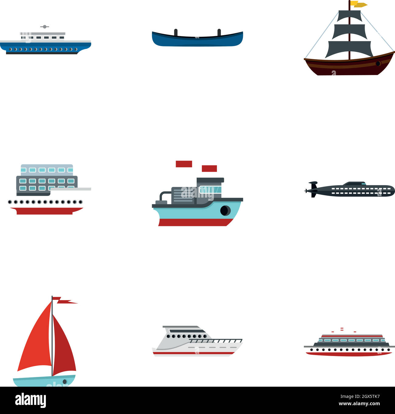 Ship and boat icons set, flat style Stock Vector