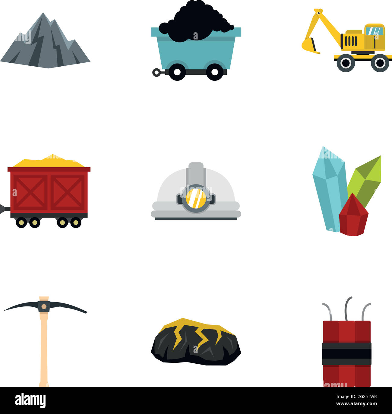 Mining coal industry icons set, flat style Stock Vector
