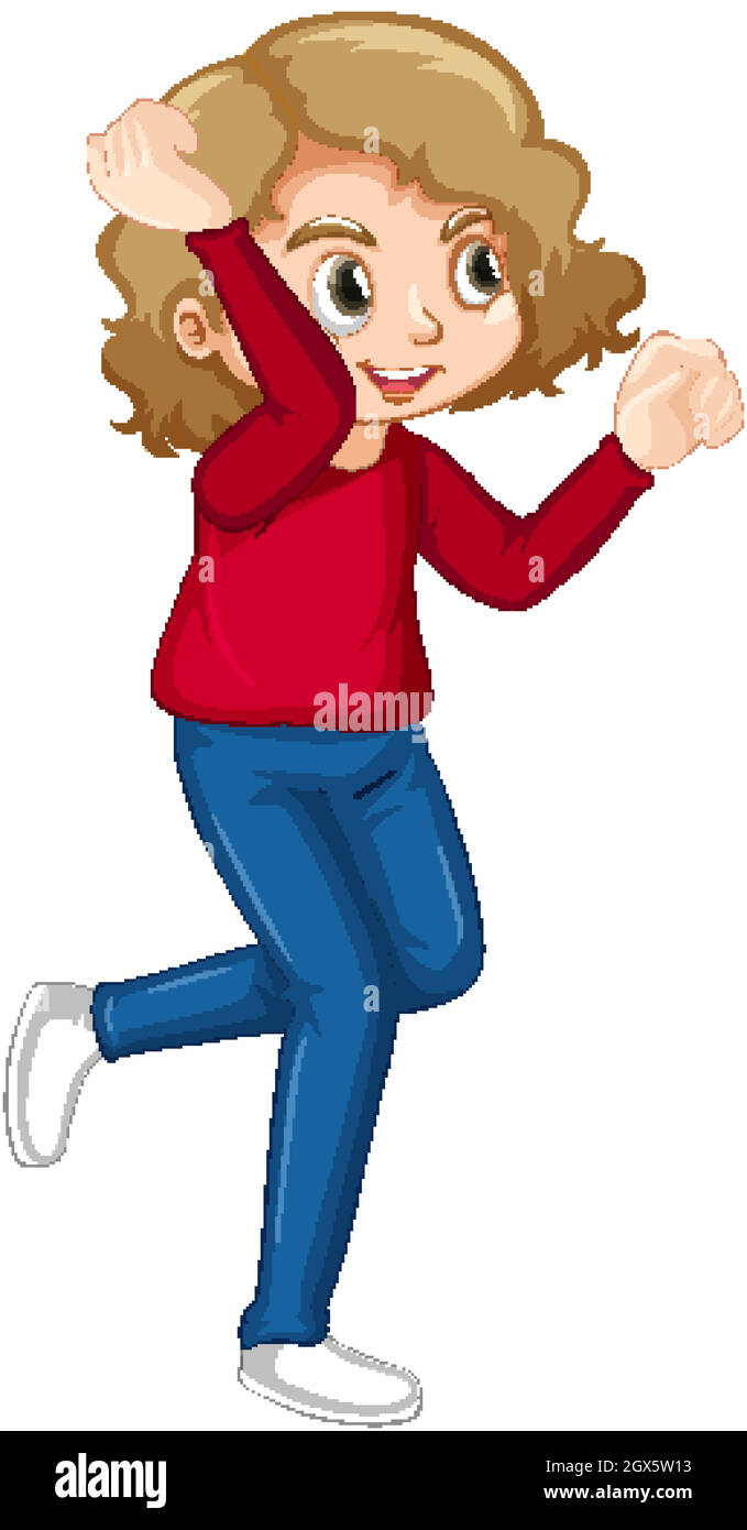 Cute girl in red shirt dancing on white background Stock Vector Image
