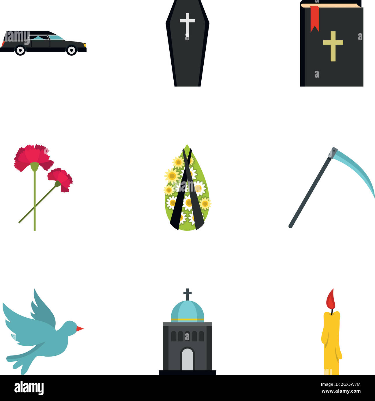 Funeral icons set, flat style Stock Vector