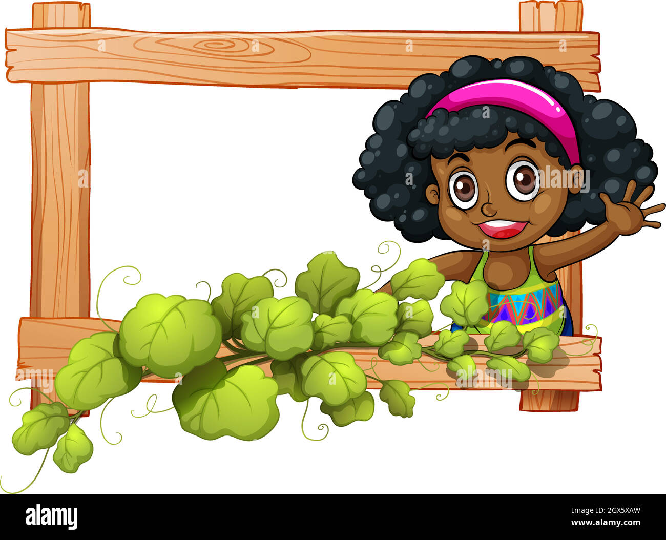 A frame with plants and a Black girl waving Stock Vector