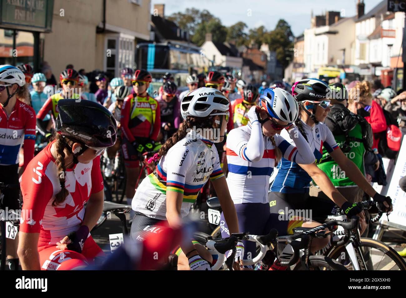 Bicester, UK - October 2021: Competitors line up at the start of the Womens Tour a cycle race in the UK Stock Photo