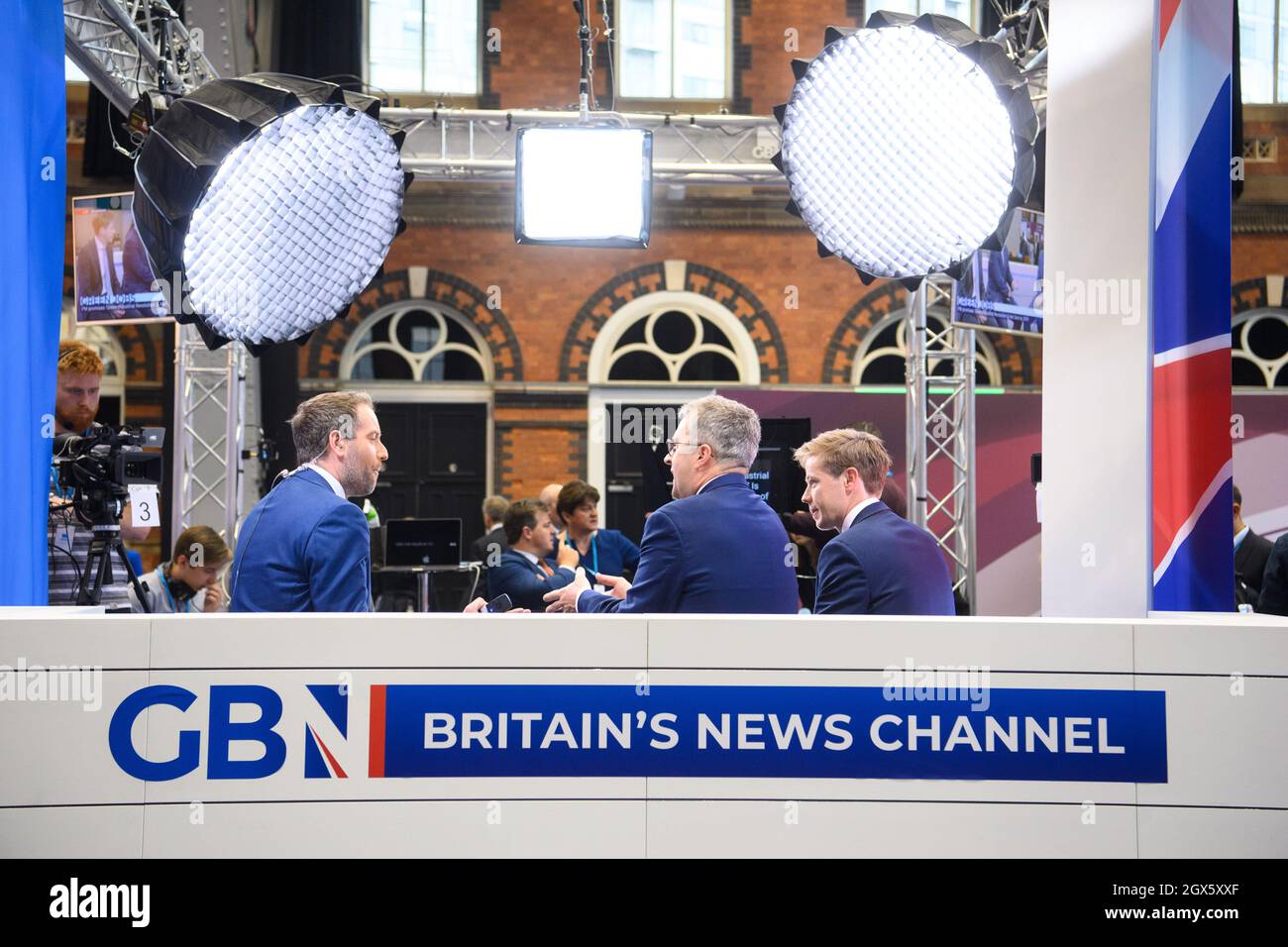 Manchester, UK. 4 October 2021. Broadcaster GB News live studio at the Conservative Party Conference in Manchester. Picture date: Monday October 4, 2021. Photo credit should read: Matt Crossick/Empics/Alamy Live News Stock Photo
